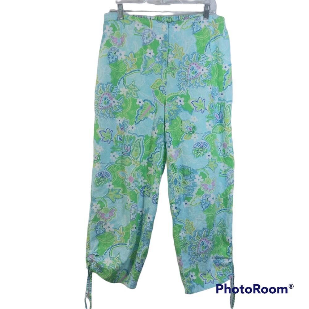 Oleg Cassini Weekend Blue Green Paisley Print Cropped Vacation Pants Sz L